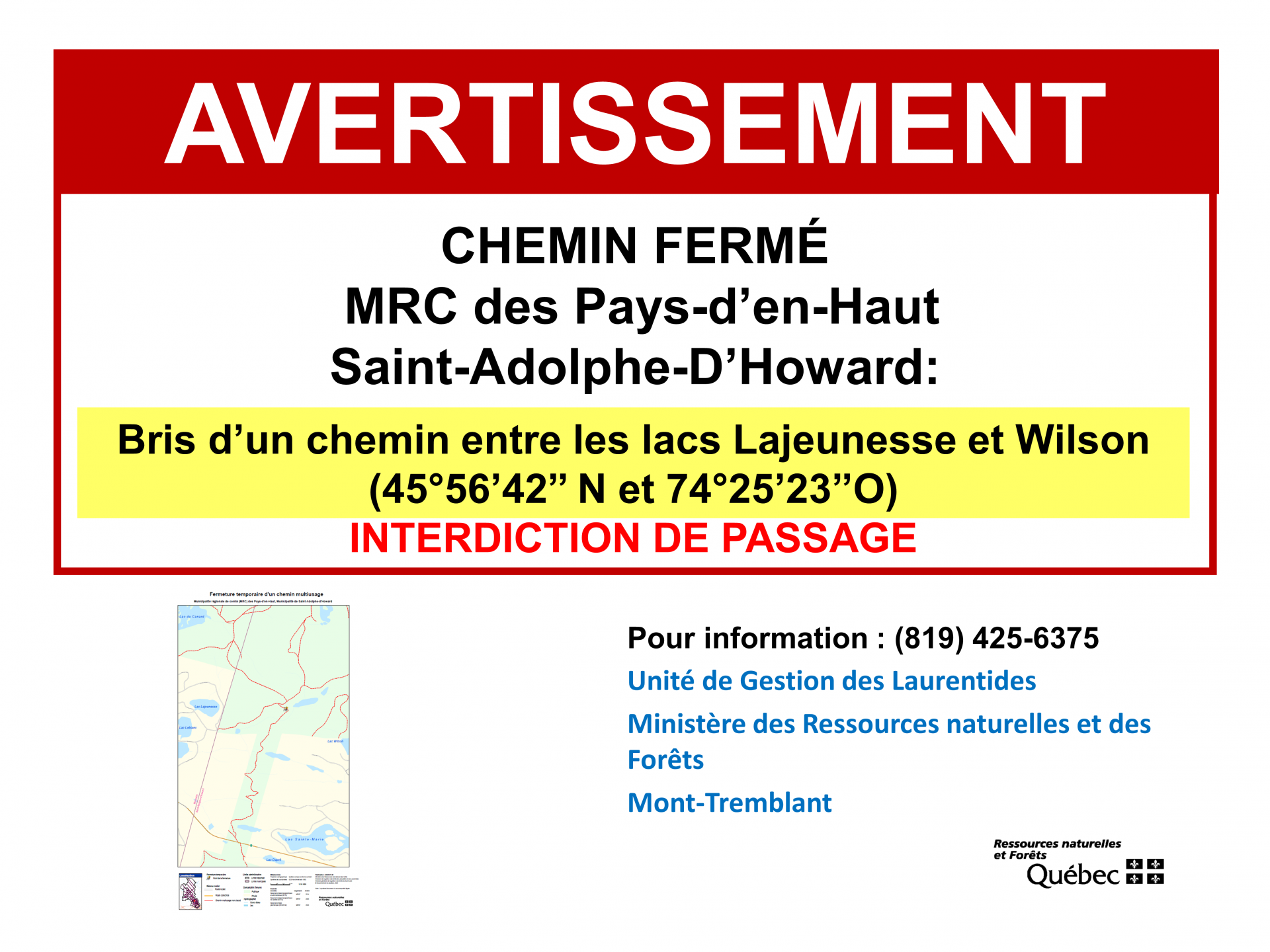 AVERTISSEMENT - Fermeture d'un chemin multiusage - ch. Wilson