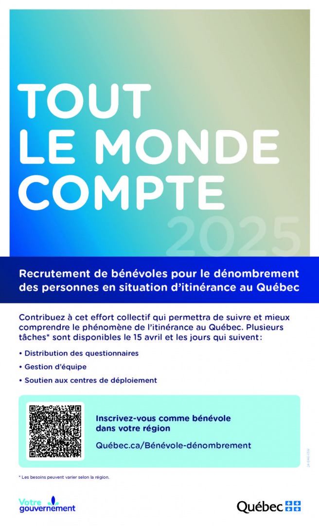 Recrutement de bénévoles pour le dénombrement des personnes en situation d’itinérance au Québec