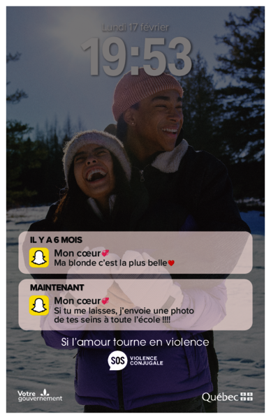 Le Secrétariat à la condition féminine lance une campagne de sensibilisation à la violence dans les relations amoureuses chez les jeunes, dont le slogan est Si l’amour tourne en violence.